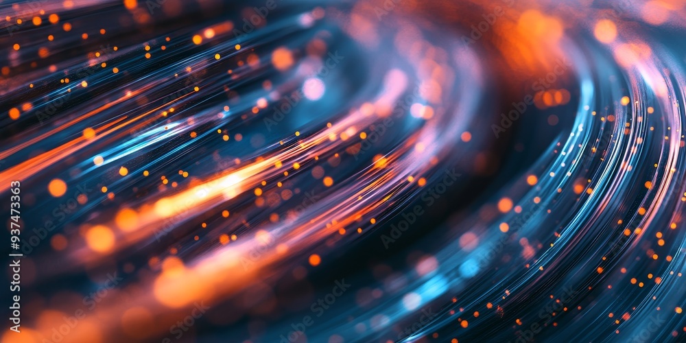 Poster fiber optic cables transmitting data, bright light pulses visualized as high-speed data streams
