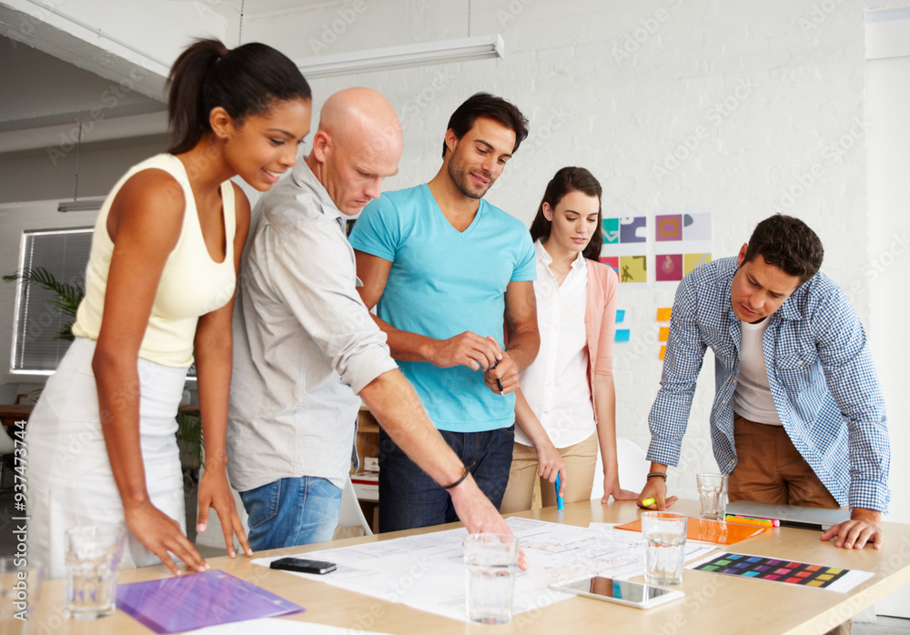 Poster business people, meeting and blueprint with discussion, teamwork and architecture group with notes. 