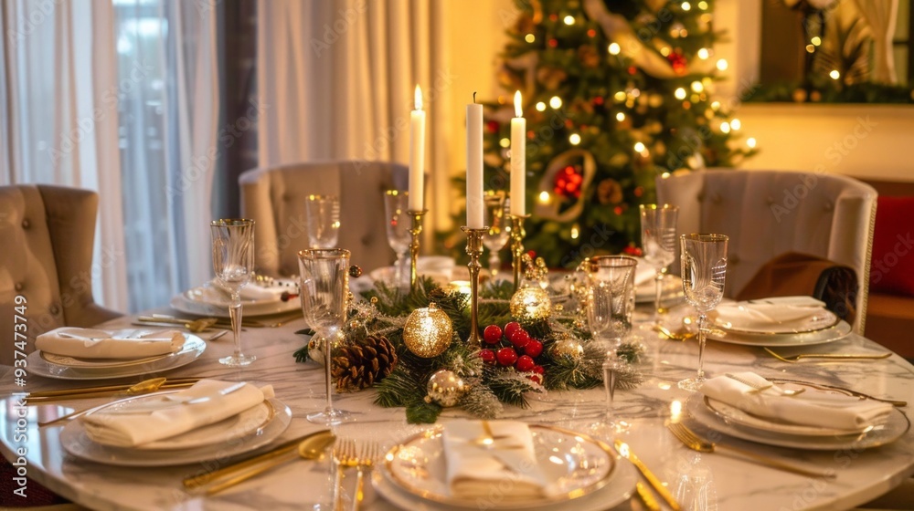 Poster an inviting round dining table with a stunning white marble top is set for a festive meal, featuring