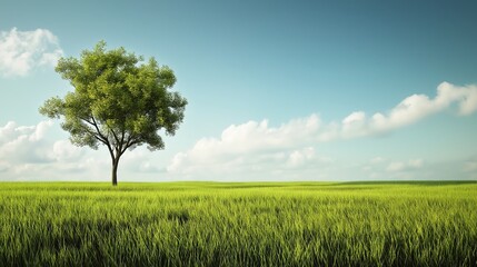 Lone tree standing in a vast green field under a clear blue sky on a sunny day

