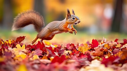 Obraz premium Playful squirrel leaping from a pile of red and yellow autumn leaves in park