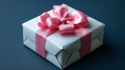 Obraz premium A small, elegantly wrapped gift box featuring a pink satin ribbon resting on a dark blue surface, perfect for special occasions like birthdays or celebrations