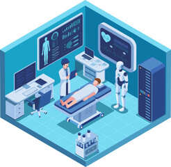 Isometric Doctor examines a patient with Ai Diagnostics and Robot
