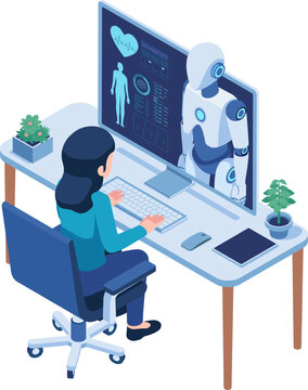 Isometric Woman Consult with an Advanced Healthcare AI Robot