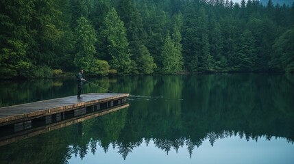 Fototapeta premium a fisherman on a lake in the forest