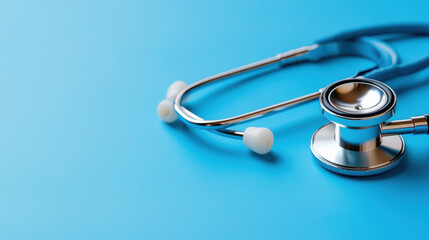 A stethoscope resting on a light blue background, representing medical tools, healthcare, and the practice of medicine.