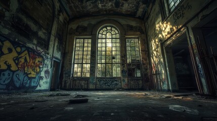 A glimpse into a forgotten space, sunlight streams through the windows of an abandoned building
