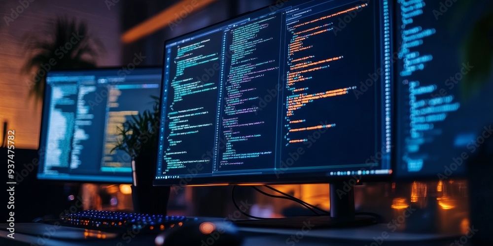 Aufkleber a developer's workspace, mobile app source code on a large monitor, device farm running compatibility tests