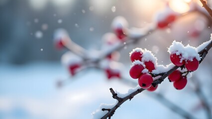Snow-covered red berries on a frosty branch, illuminated by sunlight, with snowflakes gently falling