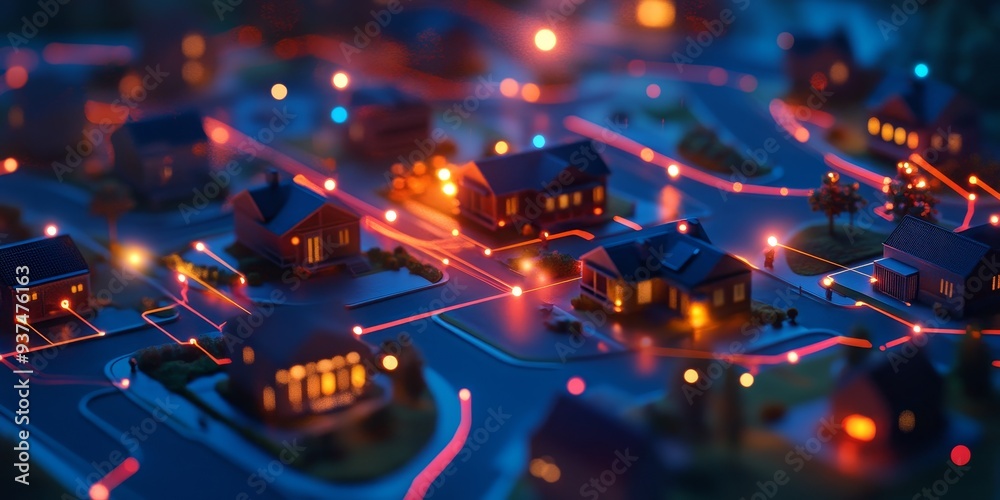 Poster Macro shot of a smart home network design, planning tools showing device locations and connectivity paths