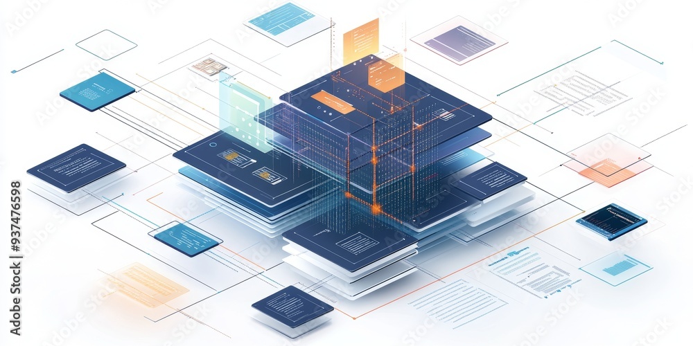 Poster Detailed view of a software architecture diagram, multiple layers and components interconnected with clear annotations