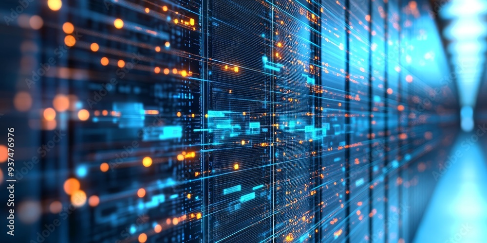 Poster Macro shot of a centralized network management system, controlling and optimizing multiple remote locations from one interface