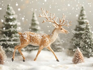 Obraz premium Majestic Reindeer Frolicking in a Snowy Christmas Forest Landscape