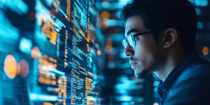 a developer reviewing a complex software architecture, code and diagrams side by side, highlighting system interactions