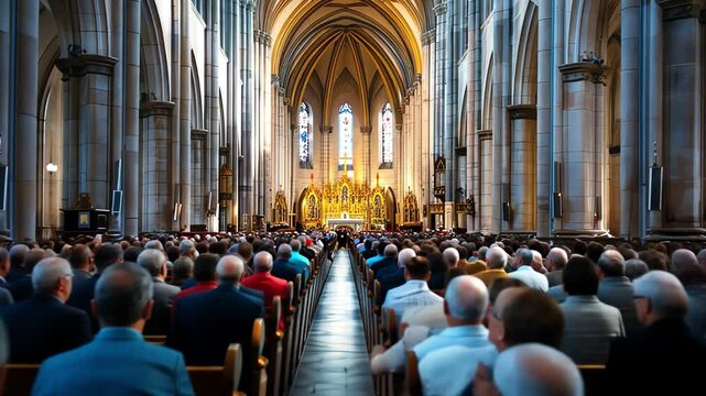 Large congregation gathered inside a grand cathedral for a religious service
