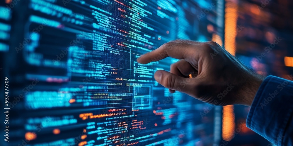 Poster a developer reviewing a complex software architecture, code and diagrams side by side, highlighting system interactions