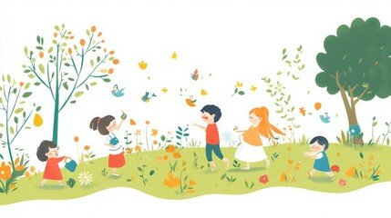 A group of children play together in a lush green meadow, surrounded by trees and flowers.