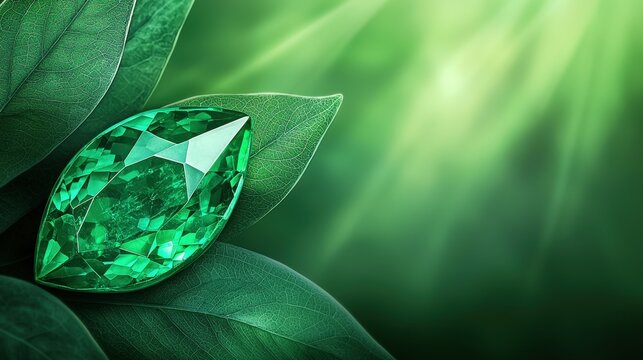 An emerald gemstone embedded in a leaf pattern, with soft sunlight filtering through the forest canopy creating a mystical ambiance