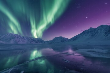 Naklejka premium Beautiful aurora borealis over the frozen lake in vibrant purple and green colors