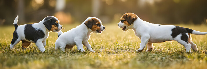 Cute puppies playing in a grassy field