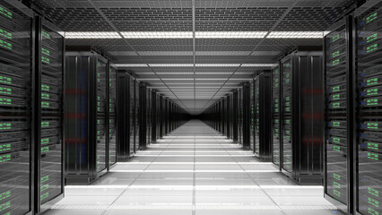 Aisle between rows of server racks in a data center. 3d illustration