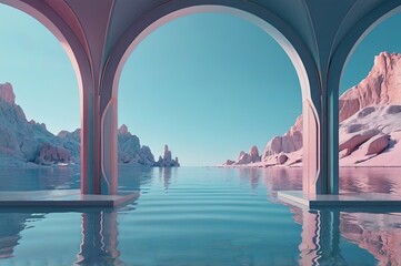 3d render, abstract panoramic background, northern futuristic landscape, fantastic scenery with calm water, simple geometric mirror arches and pastel blue gradient sky.