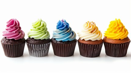 cup cake with different frosting in one line isolated on white background