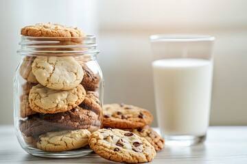 A jar of cookies beside a glass of milk on a table.