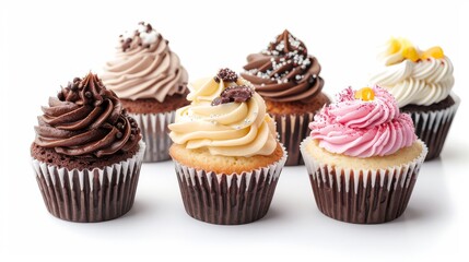 cup cake with different frosting in one line isolated on white background