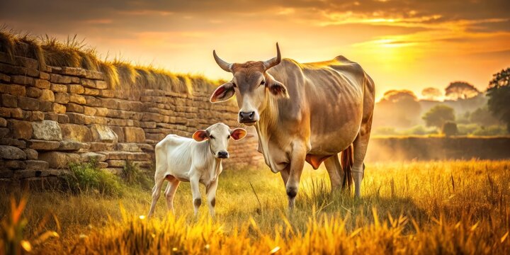 A grazing cow and calf in an Indian rural scene, where soft hide and warm light blend with rough stone walls and rustling wheat, capturing a sense of harmony and coexistence in a simple
