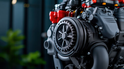 Fototapeta premium Close-up of a modern car engine featuring red mechanical parts, emphasizing power and engineering precision in a workshop setting.