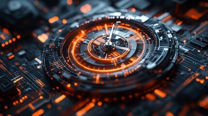 47. Digital clock with policy symbols, macro view, two-tone, 3D illustration