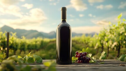 Fototapeta premium A dark wine bottle and red grapes placed on a wooden table in a sunlit vineyard, with scenic mountains in the background. 