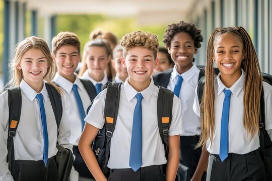 A group of happy young students in uniform posing for the camera outside their school