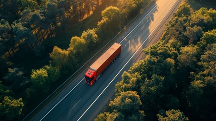 Aerial view of a red semi-truck driving on a highway through a forest.