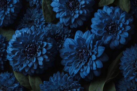 Beautiful dark - royal blue vivid texture background. Fabric full of blue flowers