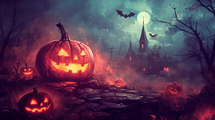 Naklejka premium Halloween Illustration with full moon, pumpkins and spooky fog