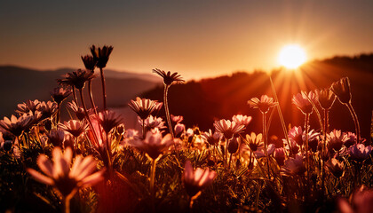 Obraz premium A beautiful, lush green field with a variety of flowers, sky and clouds