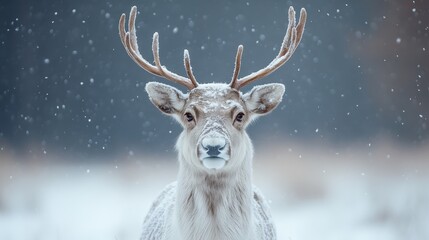 Close-Up Portrait of Reindeer with Antlers in a Snowy Winter Forest