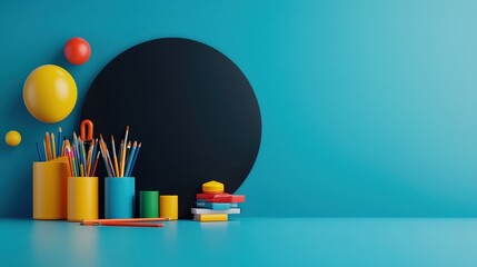 Obraz premium Back-to-school concept with a round blackboard and 3D art supplies