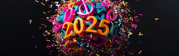 Fototapeta premium Year 2025 with colorful explosion on black background.