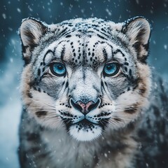 Obraz premium Closeup of a snow leopard in its natural habitat, surrounded by pristine snow, endangered species, conservation awareness