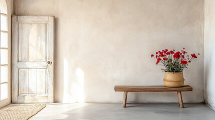 Rustic bench with red flowers in a Mediterranean-style room