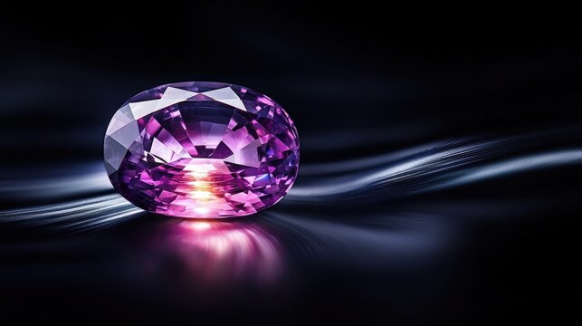 A spinel gemstone surrounded by swirling ribbons of light, highlighting its vibrant hues against a dark background