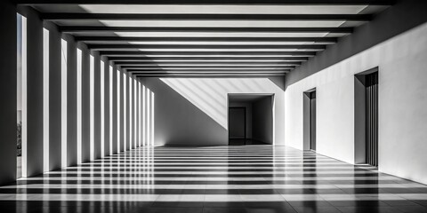 Clean, geometric silhouettes take center stage amidst vast negative spaces, accentuated by strong, dramatic shadows that dance across contrasting black and white backgrounds.