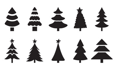 Obraz premium Christmas Tree black silhouette flat glyph icons vector set, Christmas trees collection, Pine icon set. Fir tree vector set.