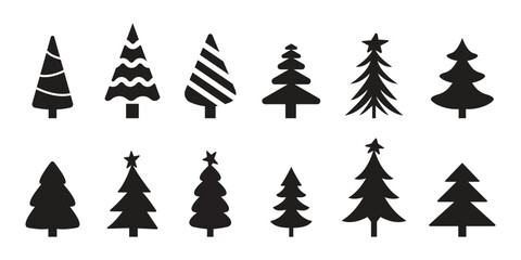 Obraz premium Christmas Tree black silhouette flat glyph icons vector set, Christmas trees collection, Pine icon set. Fir tree vector set.
