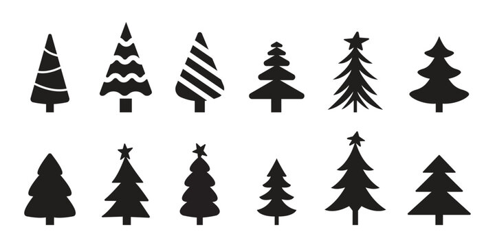 Christmas Tree black  silhouette  flat glyph icons vector set, Christmas trees collection, Pine icon set. Fir tree vector set.
