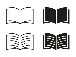 Open book icon pictogram vector,  read story book vector symbol in black filled and outlined style.