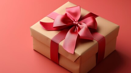 Obraz premium A beautifully wrapped gift box adorned with a red ribbon sits on a vibrant red background, perfect for any celebratory occasion or holiday event